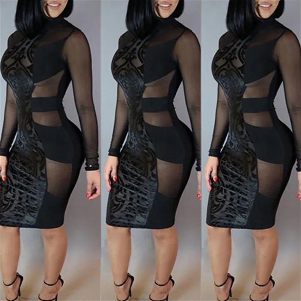 Women Dress Ladies Summer Sexy Fashion Long Sleeve Black Tulle Perspective Bodycon Evening Party Pencil Club 2020 Hot | Женская одежда