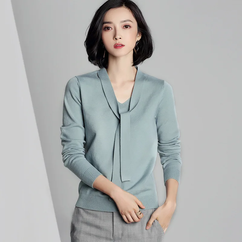 Женский трикотажный свитер с длинным рукавом и V-образным вырезом | Женская