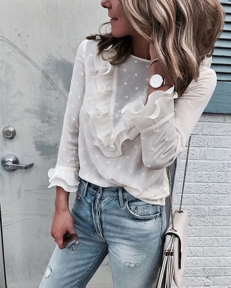 Горячая Распродажа 2018 осень Мода белый цветок точка кружево круглый воротник