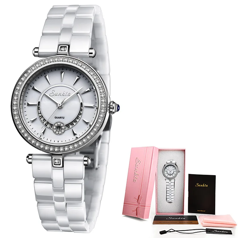 silver white Reloj De Dama SUNKTA женские кварцевые часы керамические часы женские топ Роскошная марка, Женская эксклюзивный браслет часы для девочки Лучший подарок - Цвет: silver white