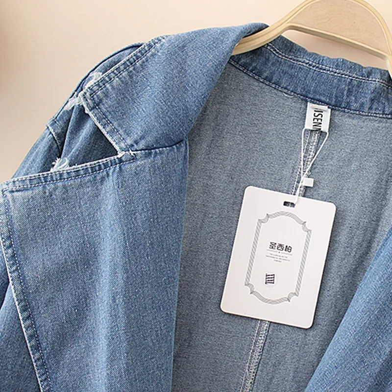 Large size denim trench coat women long Windbreaker Double-breasted suit collar jeans coats female Hole Loose Casual tops G106 | Женская