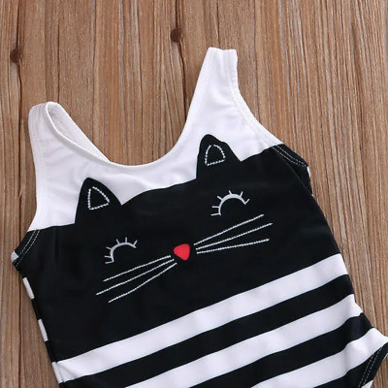 2017 г. Цельный купальник в полоску с милым принтом котенка для маленьких девочек