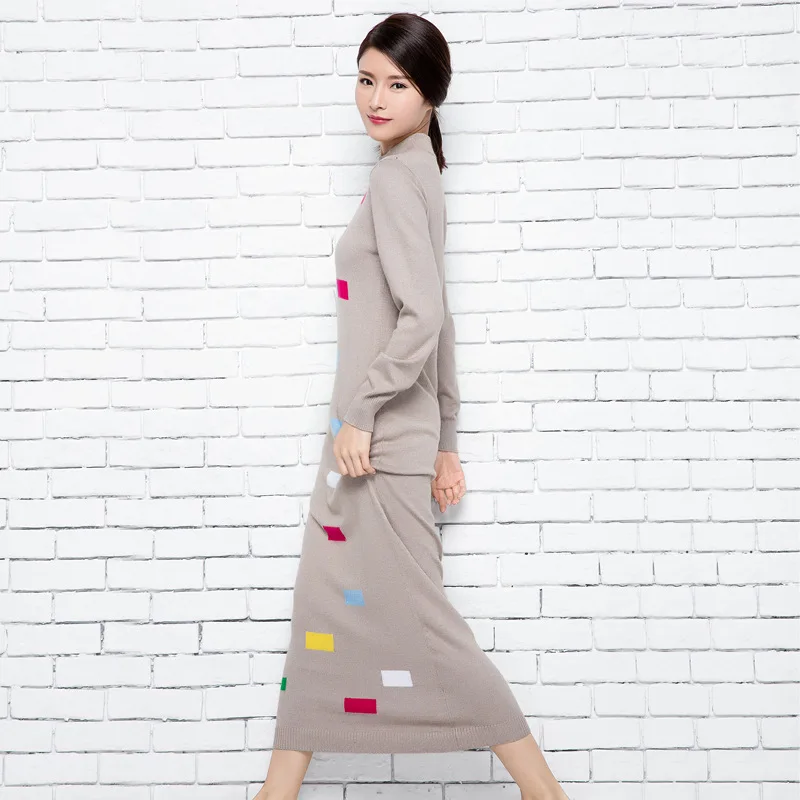 Свитер с воротником Вязание платье Для женщин вязаный длинный кашемир шерсть 2017