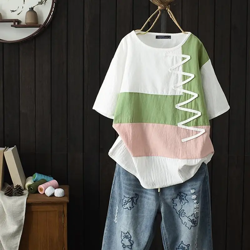 Белый ZANZEA Women Summer Short Sleeve Tunic Tops Vintage Shirt Robe Femme Patchwork Blusas Plus Size Cotton Linen Blouse Chemise 5XL - Цвет: Белый