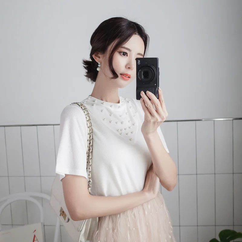 2018 футболки Для женщин Бисер летняя футболка Женские Модные Топы Camiseta v образным