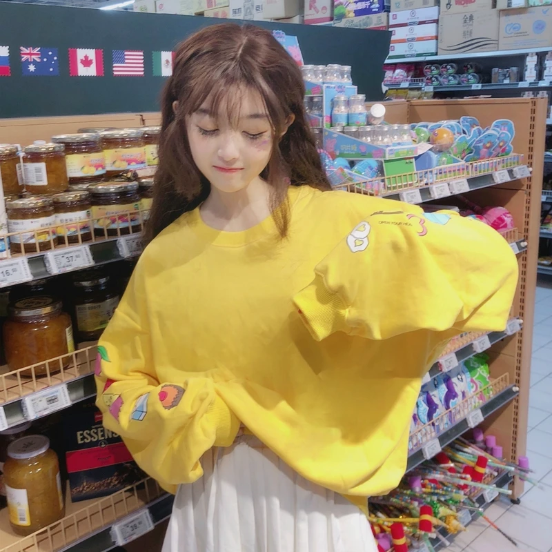 Harajuku модная одежда с длинными рукавами Для женщин толстовки сладкий милый мультфильм печати Свитер для девочек плюс бархатные свободные Для женщин пуловеры