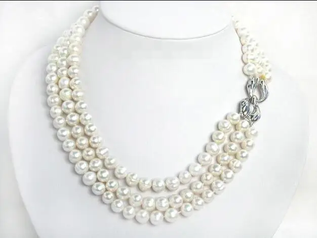 

Beautiful luster 9mm 3row white freshwater pearls necklace17"