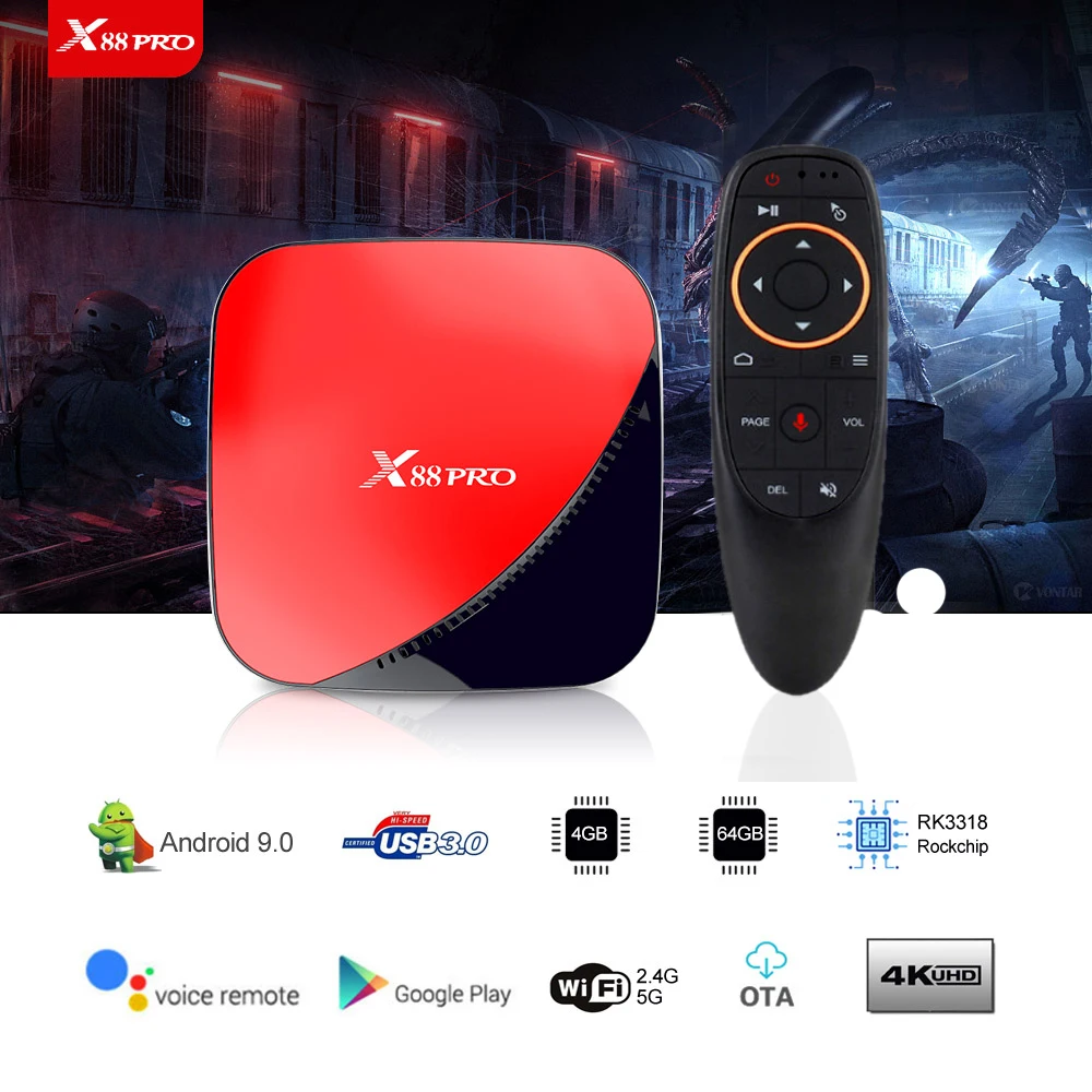 X88 pro Android 9,0 ТВ приставка голосовой гироскоп 4G 64G Rockchip RK3318 4 ядра 2,4G& 5G Wifi 4K HDR телеприставка USB 3,0 Поддержка 3D фильма