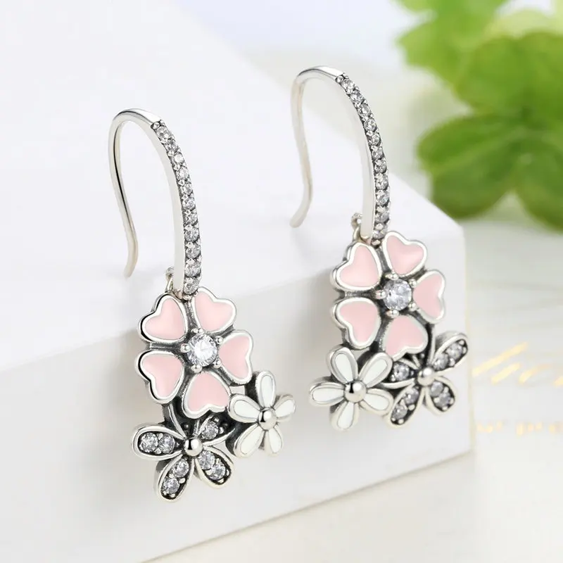 Серьги на крючках с розовым цветком "Поэтическая маргаритка" и вишневым цветком из настоящего серебра 925 пробы, женские украшения.