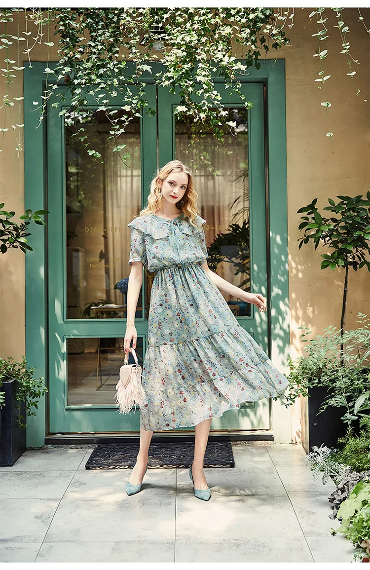 ARTKA Early Spring and Summer New Women Drawstring Ruffled Lady Elegant Garden Floral Dress LA10686Q