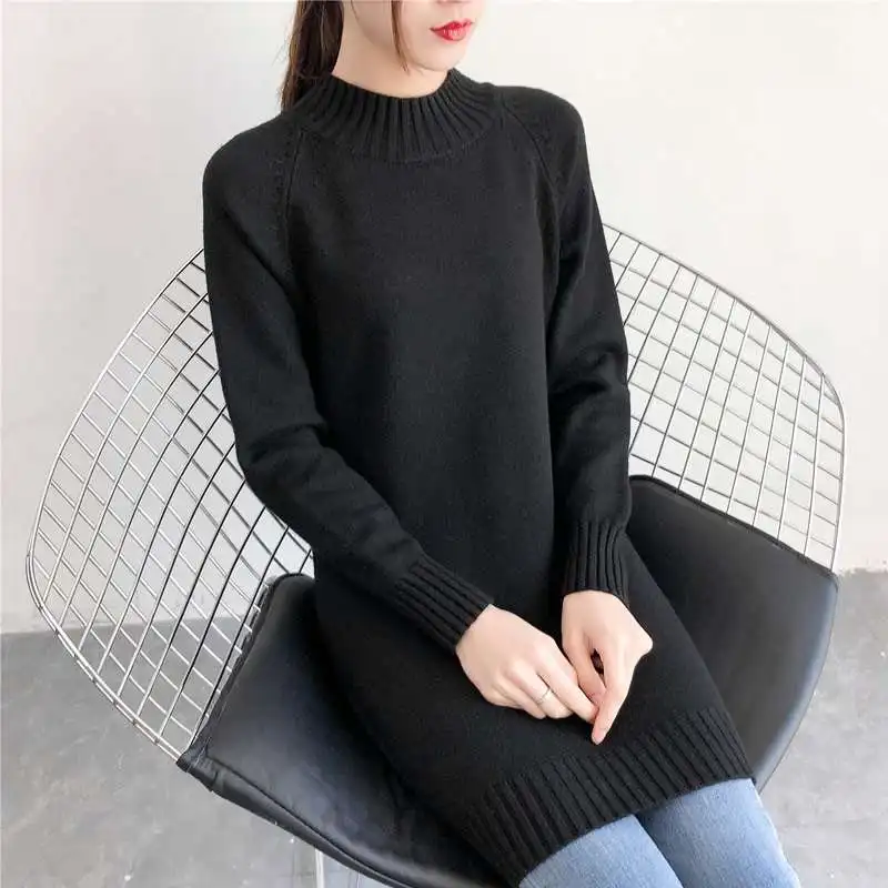 Пуловер женский средней длины Осень-зима 2019 свободный с полувысоким воротником