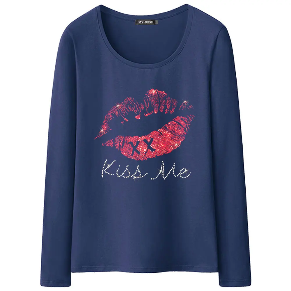 Новинка, летняя футболка со стразами и надписью Kiss Me Lips, новые модные женские футболки с длинным рукавом, женская одежда, хлопковые футболки - Цвет: T001-O-Navy
