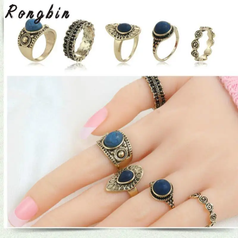 5 шт. винтажные кольца в античном стиле из сплава с натуральным голубым камнем