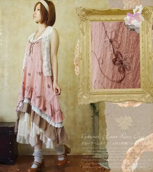 Платье на бретельках с цветочной вышивкой в японском стиле Mori Girl летнее платье