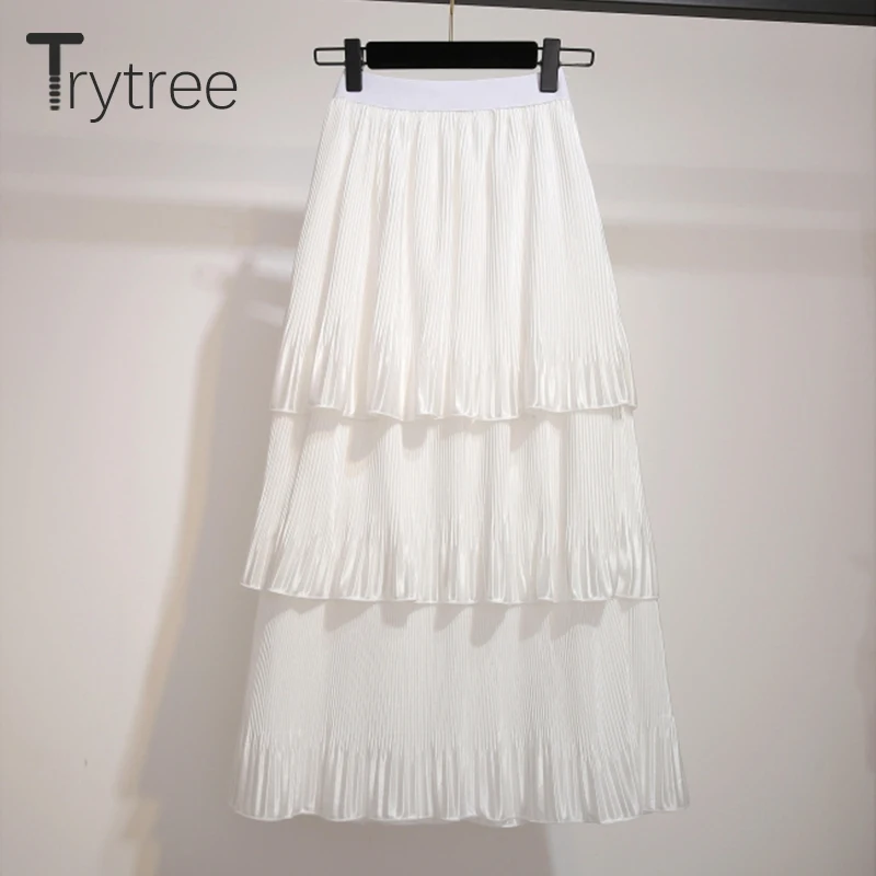 Trytree Весна Лето Твердые оборки юбка женская Повседневная Высокая талия до