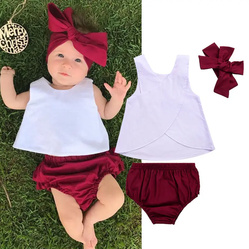 Летняя одежда для маленьких девочек 3 шт. повязка на голову с бантом топ шорты