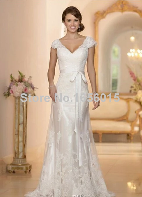 V Neck Cap Sleeves Wedding Dresses New Design Floor Length Custom Made Bridal Dress Vestido De Noiva WD320 vestido de boda | Свадьбы и