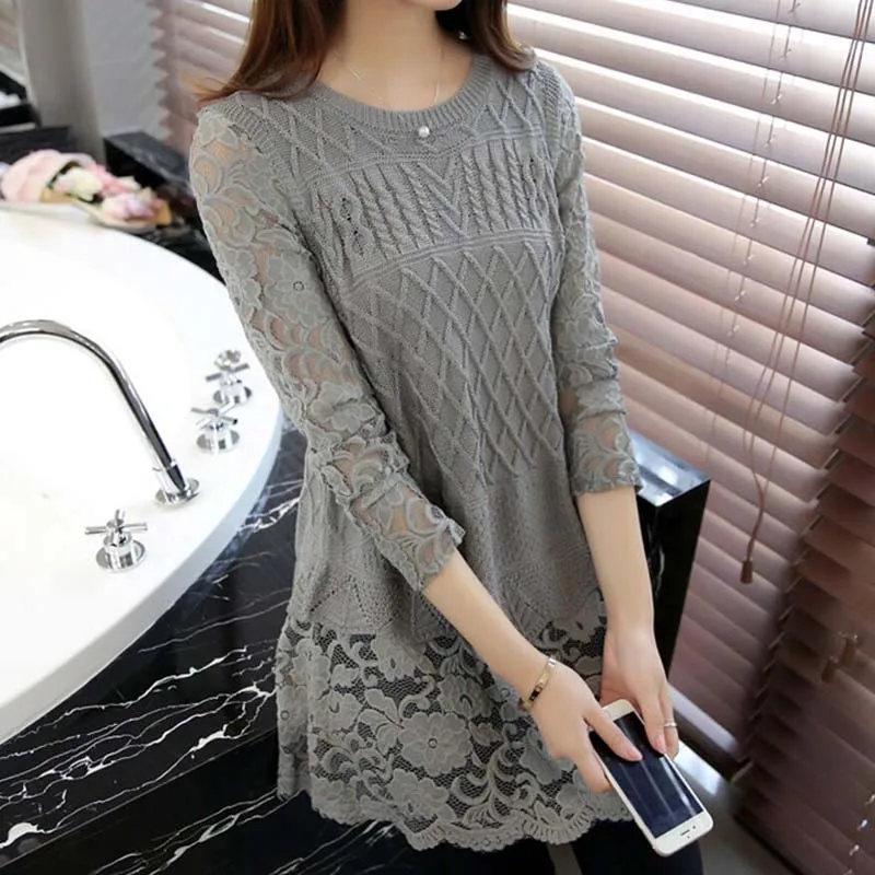 New 2018 Autumn winter Women Sweater Lace Patchwork Bottoming Shirt Fashion Long Sleeve O-neck Loose LY1305 | Женская одежда