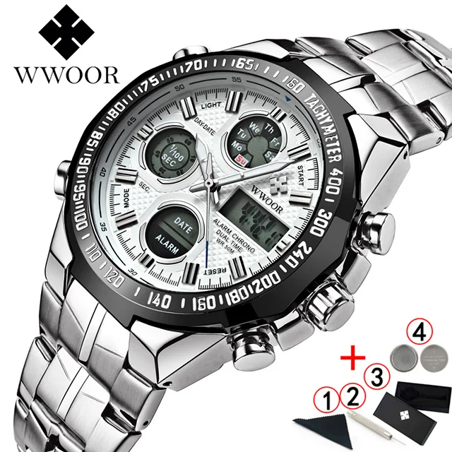 WWOOR Relogio Masculino Топ брендовые роскошные часы мужские часы золотые из нержавеющей стали военные наручные часы с большим циферблатом мужские - Цвет: silver white box