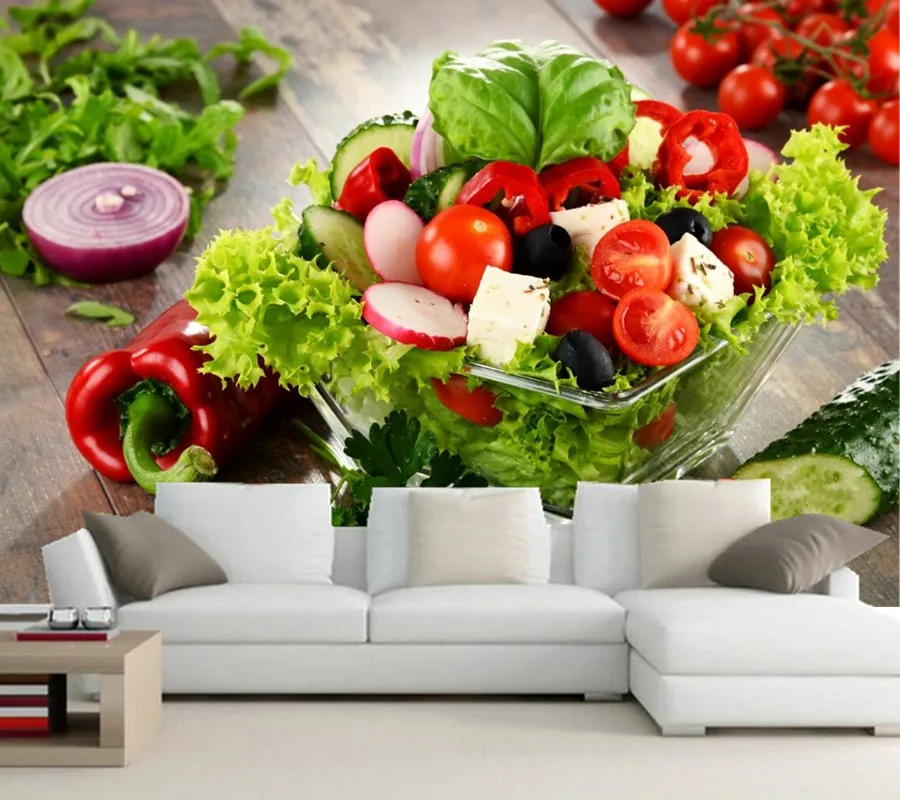 Пользовательские 3d тисненые обои для салатов овощей еды ресторана гостиной