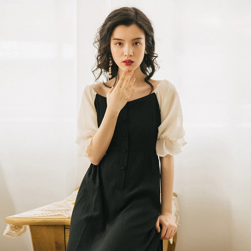 

High Quality 2019 Summer New Arrival Princess Style Round Collar Color Block Woman Chiffon Long Dress
