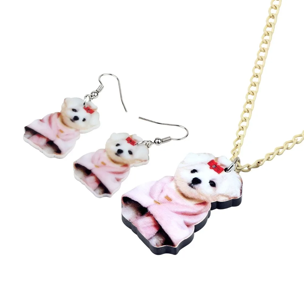 Bonsny Acrylic Jewelry Sets Cute West Highland White Terrier Necklace Earrings Fashion Pendant For Women Girls Gift Accessories | Украшения