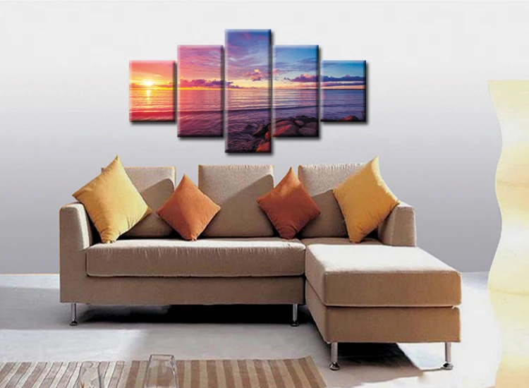 5 Панель Современный абстрактный закат пляж Wall Art Печать на холсте океан волны