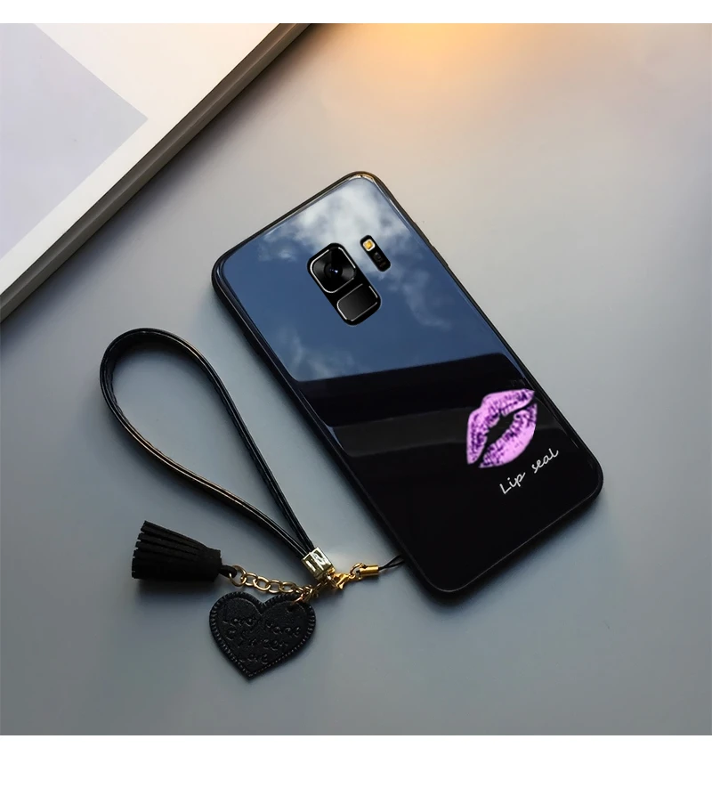 BONVAN чехол из закаленного стекла для samsung Galaxy s9 s8 plus, чехол с принтом губ для samsung Galaxy Note 9 8 s8 s9, чехол с кисточкой и ремешком