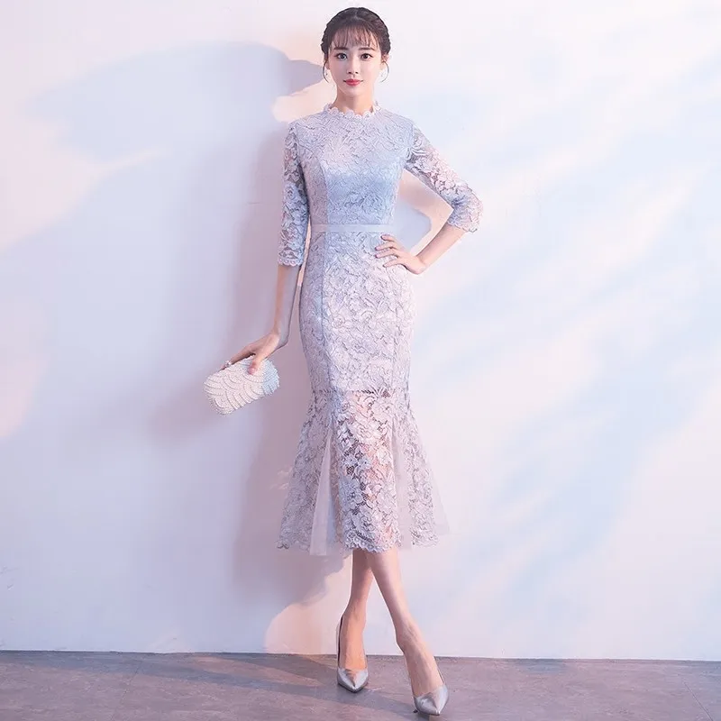 Серое кружевное китайское традиционное платье длинное Ципао для невесты Vestidos