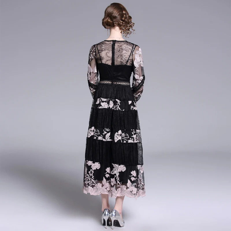 

ZP6513 Reality-spot women's 2019 spring lantern sleeve yarn high waist stitching embroidery hollow long gas