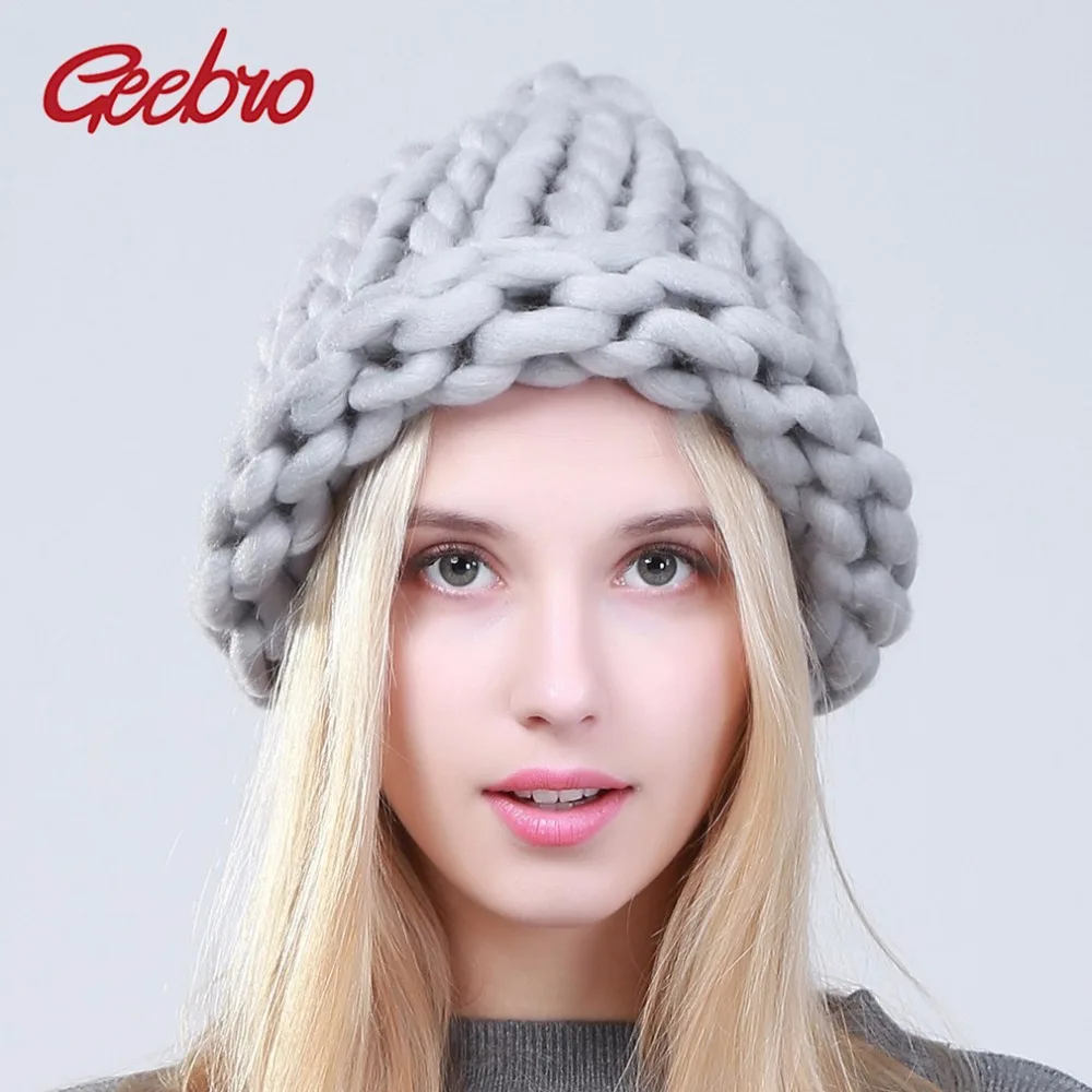 

Geebro Winter Women Warm Beanies Hat Handmade Thick Knitted Coarse Lines Cable Hat Candy Color Crochet Caps Female Beanie Hats