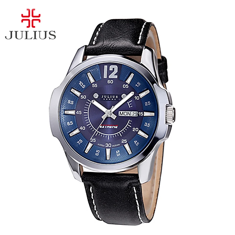 

Top Julius Men's Homme Wrist Watch Auto Date Week Fashion Hours Dress Sport Retro Real Leather Student Boy Birthday Gift No Box