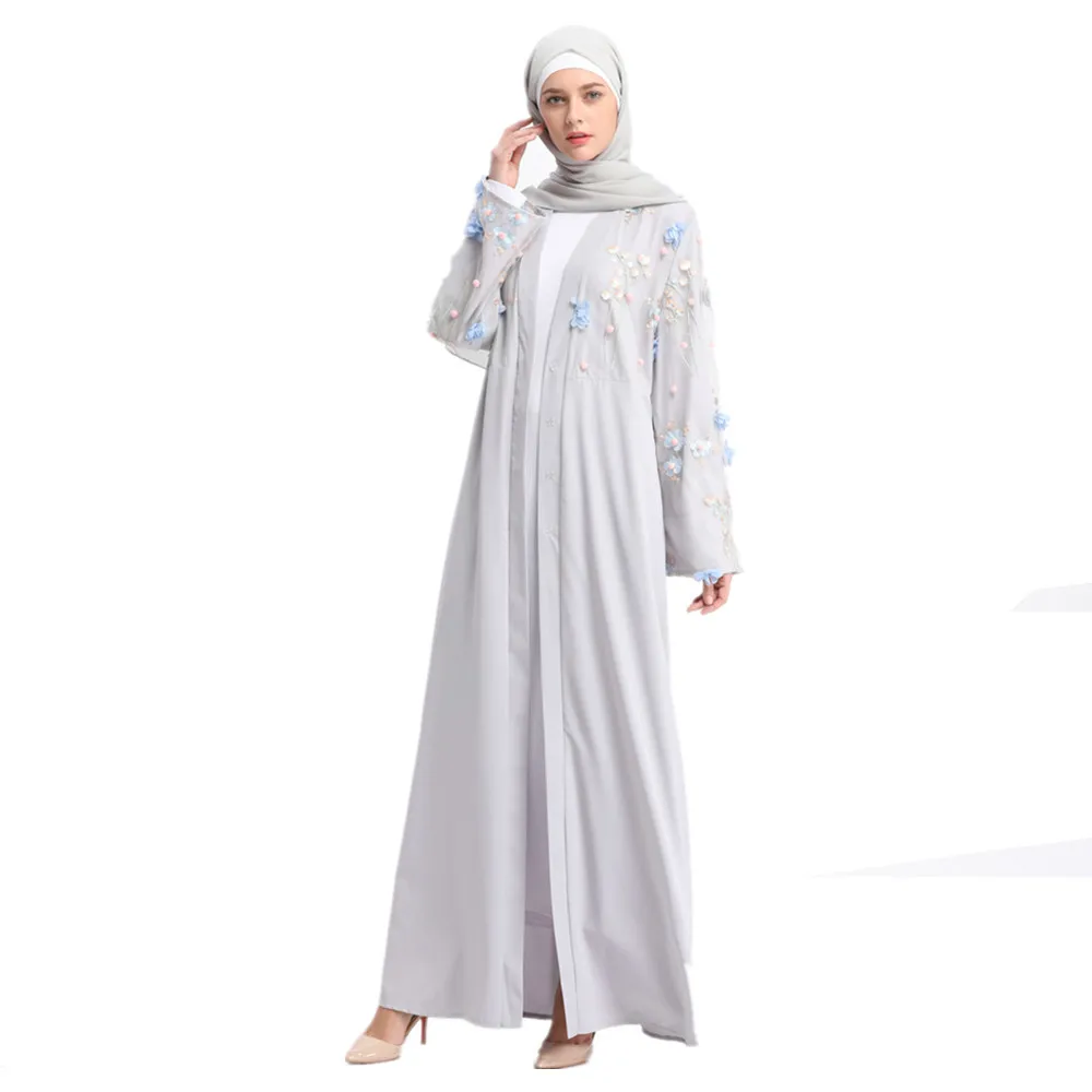 Женское длинное кимоно Abayas платье с цветочной вышивкой в мусульманском стиле