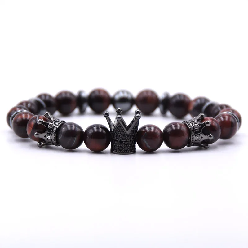 Мужской микро браслет с короной модный очаровательный красным тигровым глазом и
