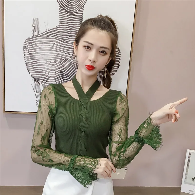 fashion womens sweaters 2019 spring flare Long Sleeve pullovers women sweater sexy hollow Lace v collar Knitted 2550 50 | Женская одежда