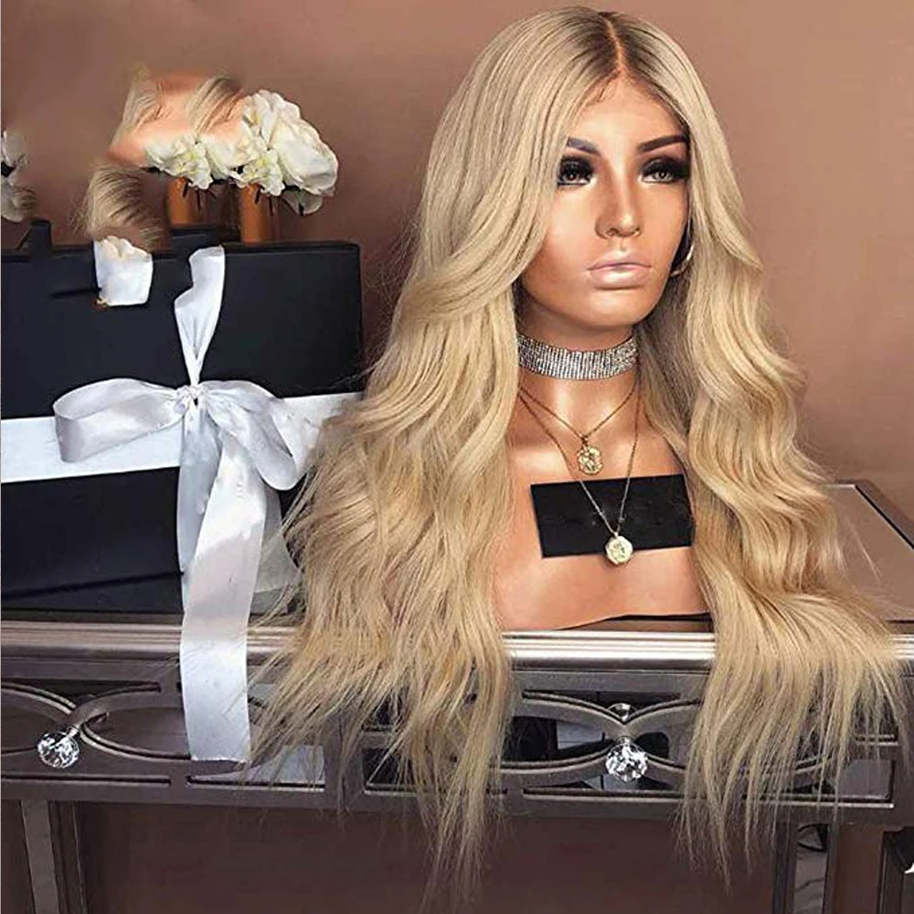 Simbeauty блондинка с эффектом деграде(переход от темного к 13x6 Синтетические волосы на кружеве парик предварительно вырезанные темные корни свободные волнистые бразильские волосы Remy человеческих волос для чернокожих Для женщин
