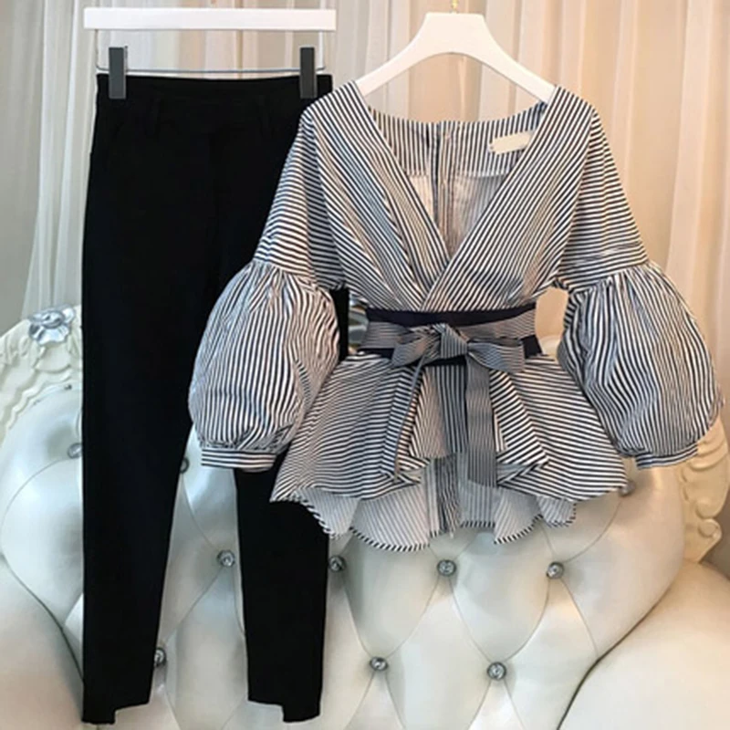

2 Pieces Sets Plus Size Casual Women Lantern Sleeve Shirts Elegant Ladies Striped Pants Suit New Tops And Split Pencil Pant Suit