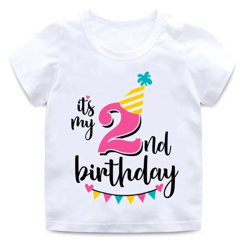 P683-2 Милая одежда с надписью «Happy Birthday» и цифрами 1-7 для маленьких мальчиков и девочек; детская забавная футболка с круглым вырезом; хлопковая детская одежда - Цвет: P683-2