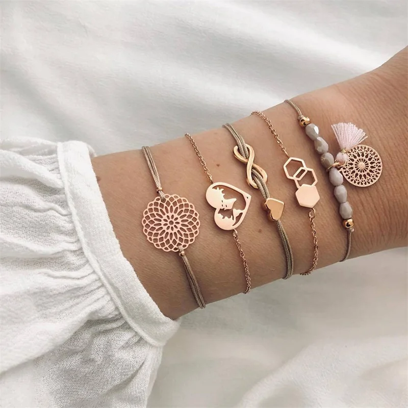 ZL0000324 FAMSHIN 5 шт./компл. Boho рисунок «сердечко»; карта с геометрическим узором из бисера с кисточками набор с золотым браслетом Для женщин очаровательные вечерние свадебные украшения подарки - Окраска металла: ZL0000324