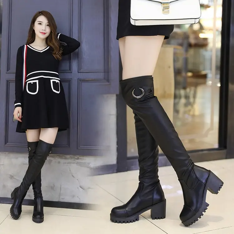 Новинка 2017 года сезон осень-зима Сапоги выше колена на толстом каблуке женская