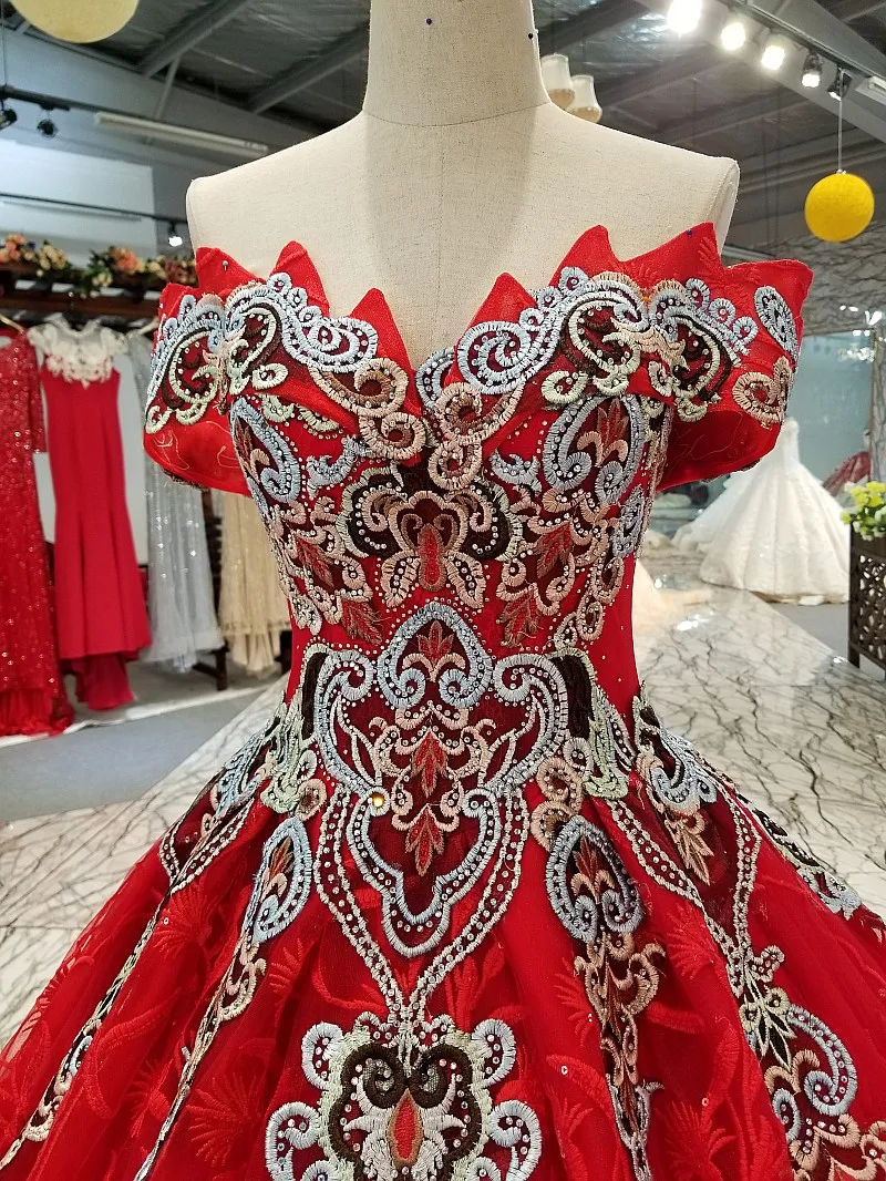 AXJFU принцесса лодочка шеи красное кружево свадебное платье Роскошные Вышивка бальное платье Дубай Турция Винтаж красное кружево свадебное платье 62110
