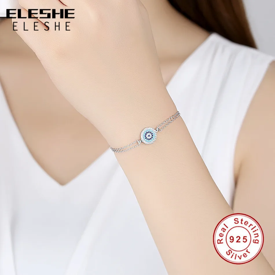ELESHE Lucky 925 Sterling Silver Round Blue Eyes Power Tennis Bracelet CZ Adjustable Link Chain Bracelets Jewelry | Украшения и