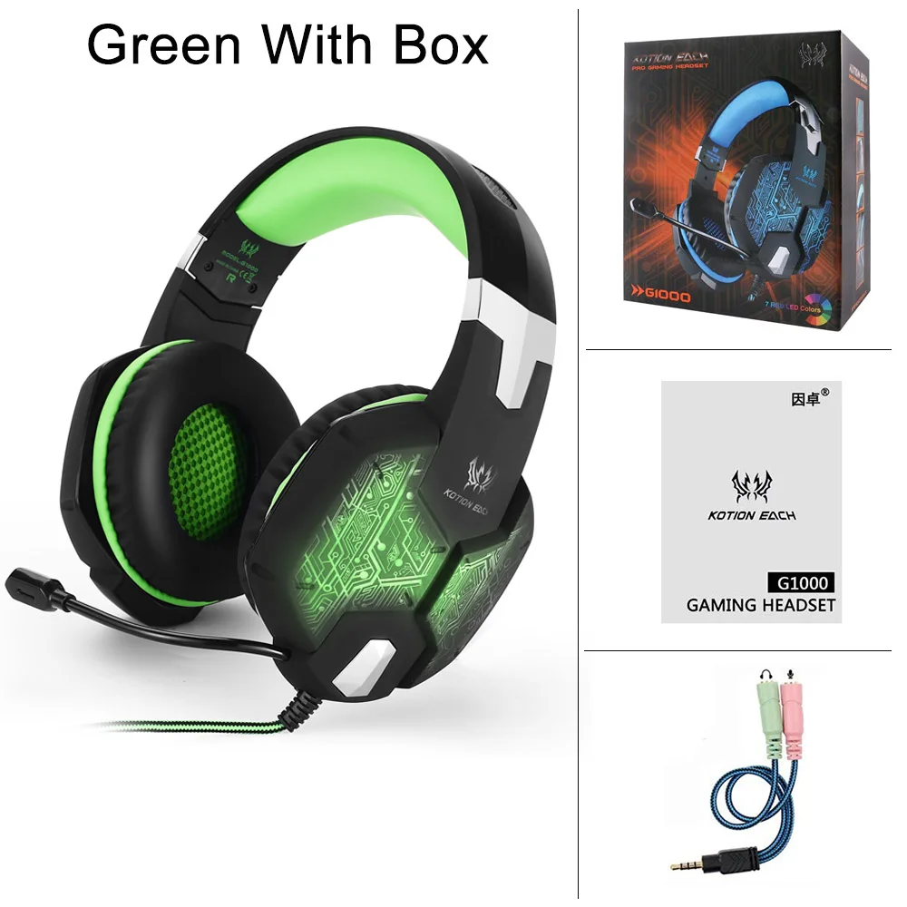 Green With Box Игровые наушники KOTION G1000 Игровые наушники для компьютера профессиональный проводной 3,5 мм светодиодный бас стерео гарнитура с микрофоном для портативных ПК Ps4 Pro - Цвет: Green With Box