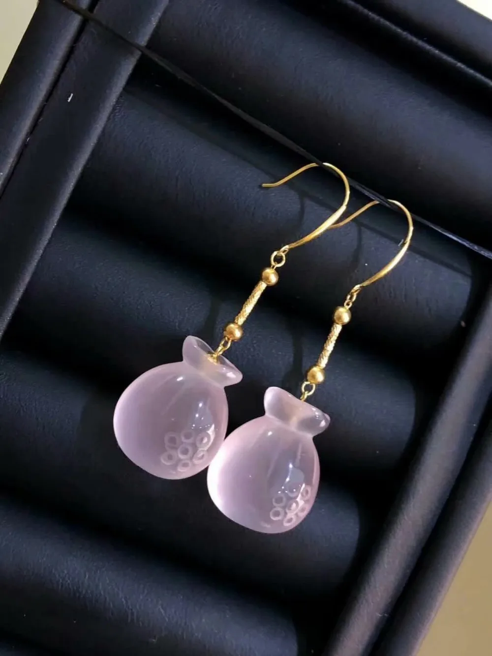

SHILOVEM 18k yellow gold natural ROSE QUARTZ Drop Earrings classic wholesale Fine women gift party plant 14*17mm yze141799fj