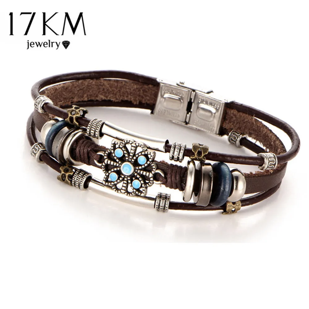 17 км 2 Стиль Vintage Цветочные браслеты и браслет Boho несколько слоев кожаный ручной