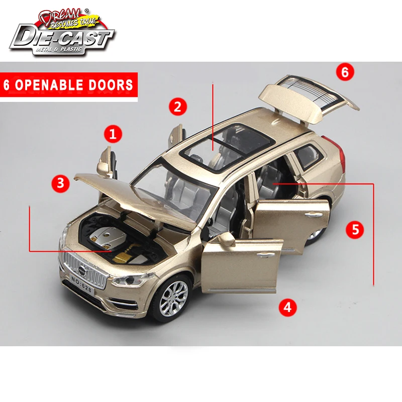 Литая 1:32 Масштаб металлическая модель автомобиля VOlVQ XC90, игрушки для мальчиков/детей с 6 с открывающимися дверцами/функция оттягивания/музыка/Подарочная коробка