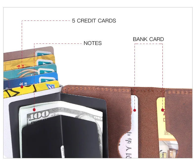 Men Wallet Automatic Credit card holder Crazy Horse Genuine Leather Aluminum Mini Wallet With Back Pocket ID Card RFID Blocking