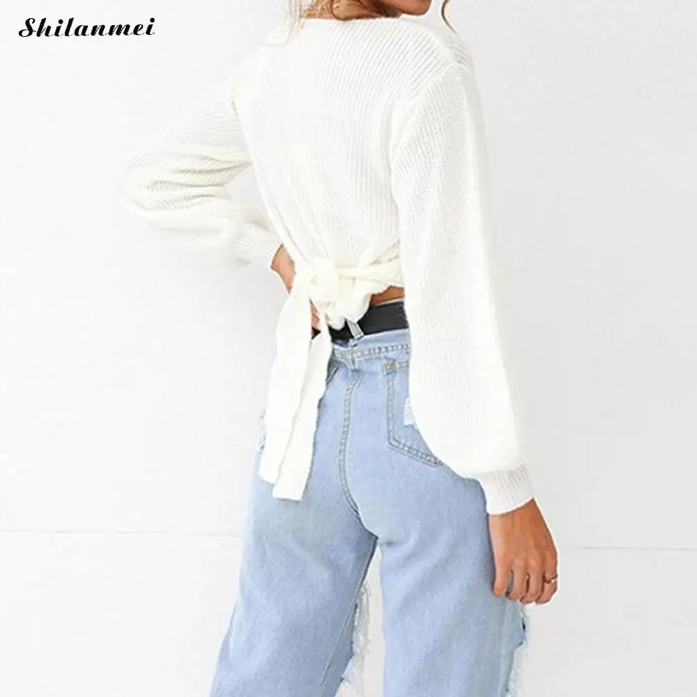 Осенние женские свитера и пуловеры Белый Глубокий v-образный вырез длинный рукав