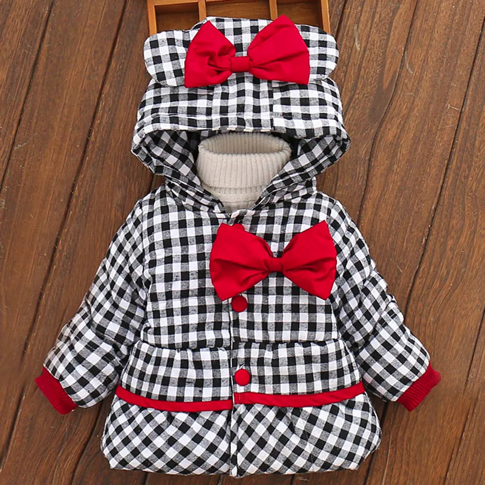 Новые зимние куртки пальто зимнее хлопковое в клетку с капюшоном и бантом для