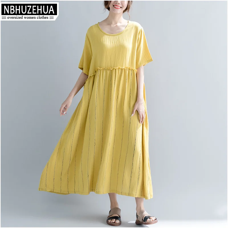 NBHUZEHUA 7G805 женское платье модель 3XL 4XL 5XL винтажное в полоску хлопковое льняное